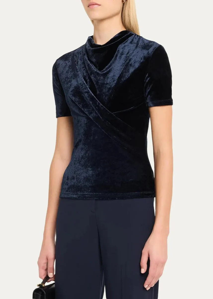 Giorgio Armani Cowl-Neck Draped Velvet Short-Sleeve Top | Thumbnail 4 Giorgio Armani Cowl-Neck Draped Velvet Short-Sleeve Top | Thumbnail 4