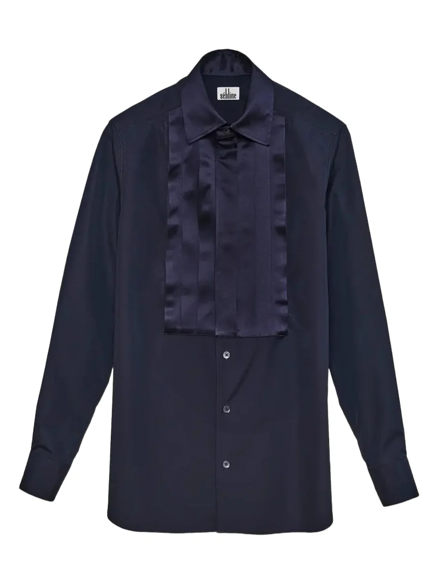 SÉBLINE Satin Pleated Cotton-Poplin Smoking Shirt