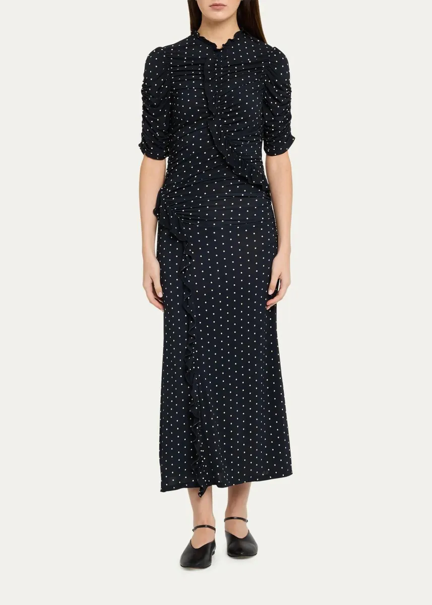 Sea Jeanne Polka Dot Ruched Ruffle Short-Sleeve Midi Dress | Thumbnail 2