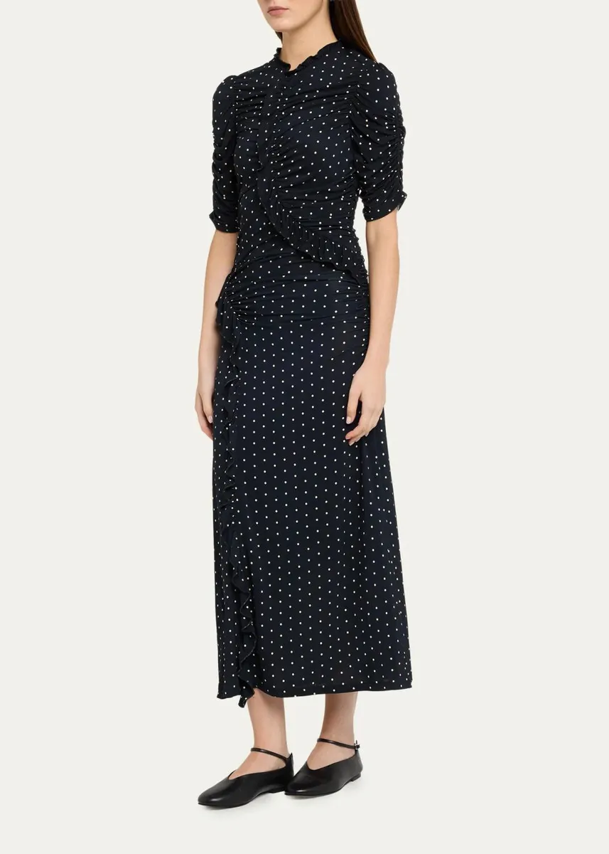 Sea Jeanne Polka Dot Ruched Ruffle Short-Sleeve Midi Dress | Thumbnail 4