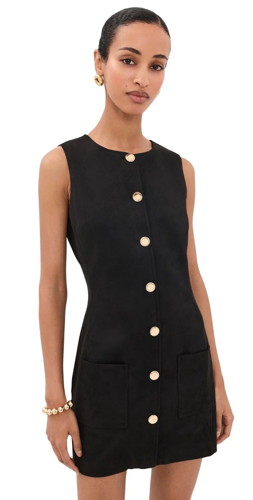 endless rose Faux Suede Round Neck Buttoned Mini Dress