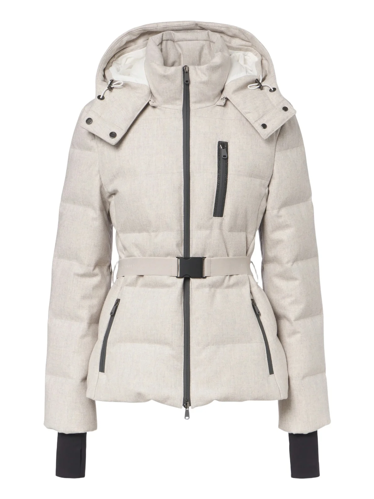 Belted virgin wool down ski jacket