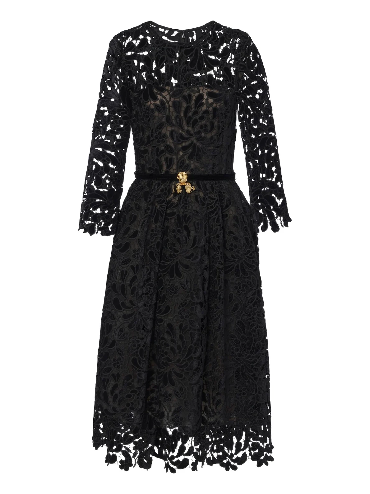 Belted guipure lace midi dress