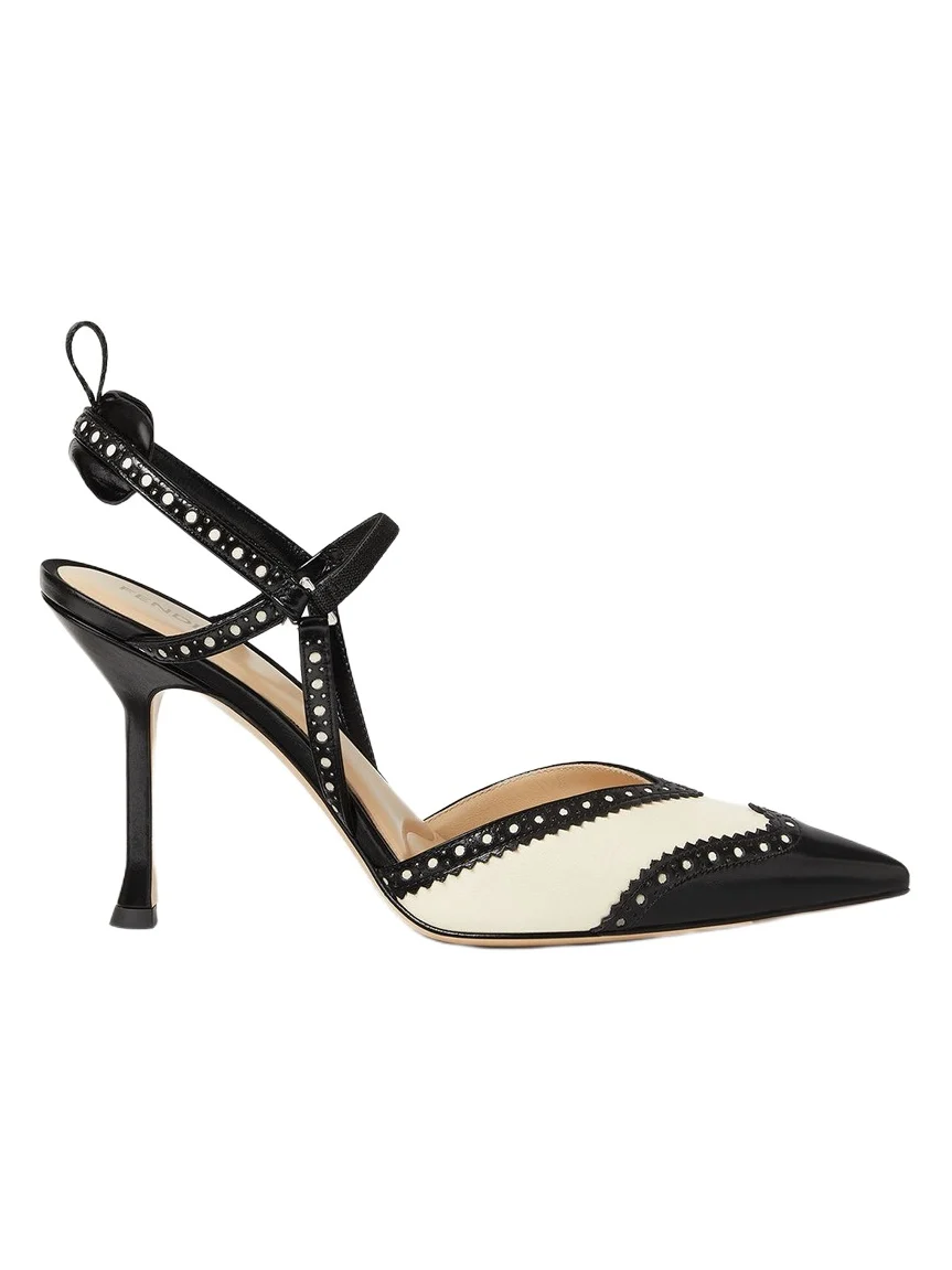 Fendi Colibrì Brogues High-Heeled Parchment and Black Leather Slingbacks