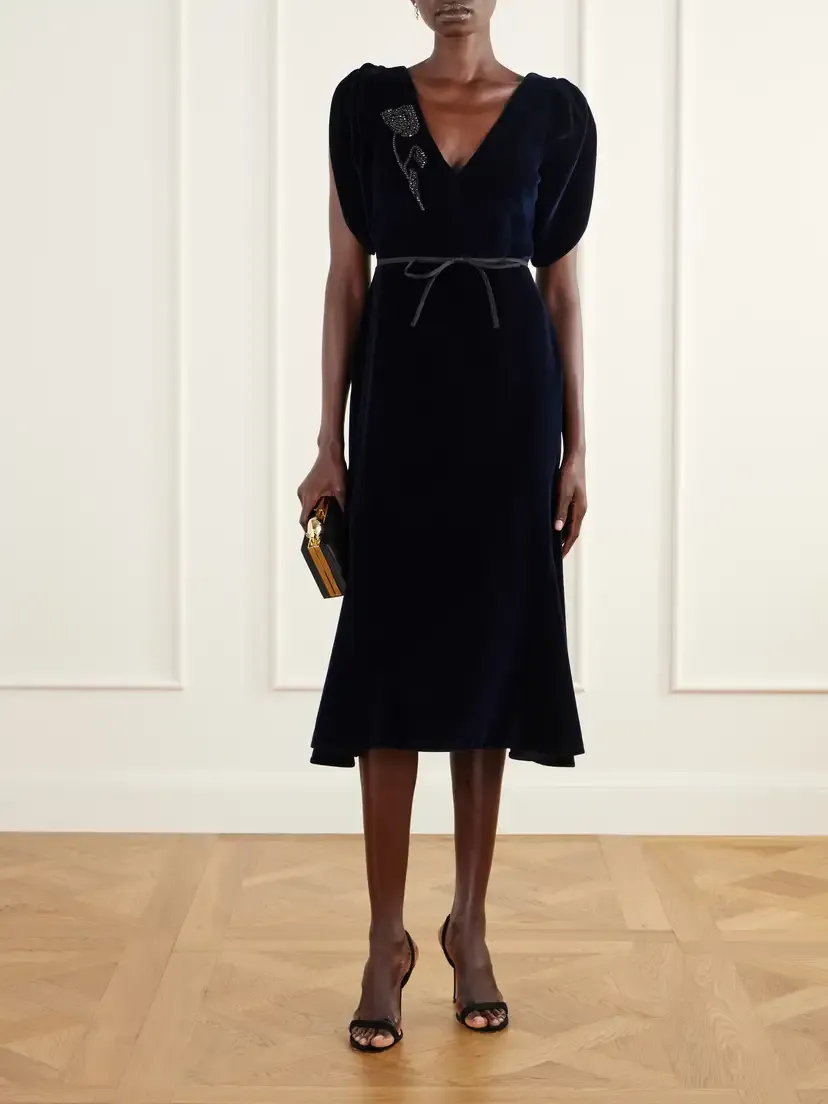 Erdem Bead-embellished Satin-trimmed Cotton-velvet Midi Dress | Thumbnail 2 Erdem Bead-embellished Satin-trimmed Cotton-velvet Midi Dress | Thumbnail 2