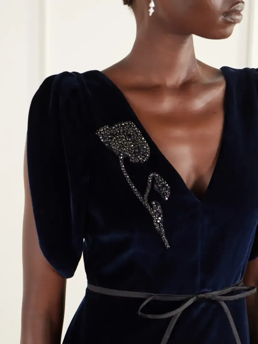 Erdem Bead-embellished Satin-trimmed Cotton-velvet Midi Dress | Thumbnail 4 Erdem Bead-embellished Satin-trimmed Cotton-velvet Midi Dress | Thumbnail 4