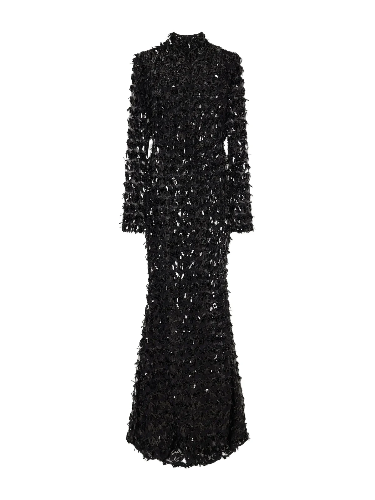 Taller Marmo Dragon Lady Fringed Sequined Tulle Turtleneck Gown