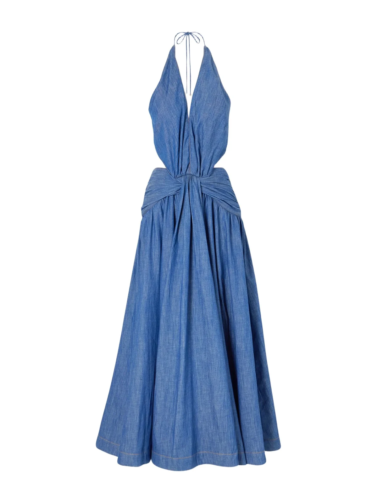 Gathered Denim Halterneck Maxi Dress