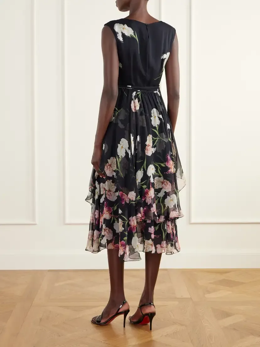 Oscar de la Renta Belted Tiered Floral-print Silk-chiffon Midi Dress | Thumbnail 3