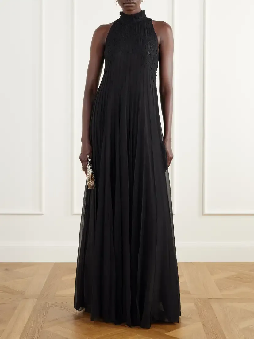 Costarellos Virana Pleated Lace-trimmed Silk-blend Georgette Gown | Thumbnail 2