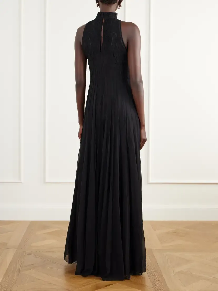 Costarellos Virana Pleated Lace-trimmed Silk-blend Georgette Gown | Thumbnail 3
