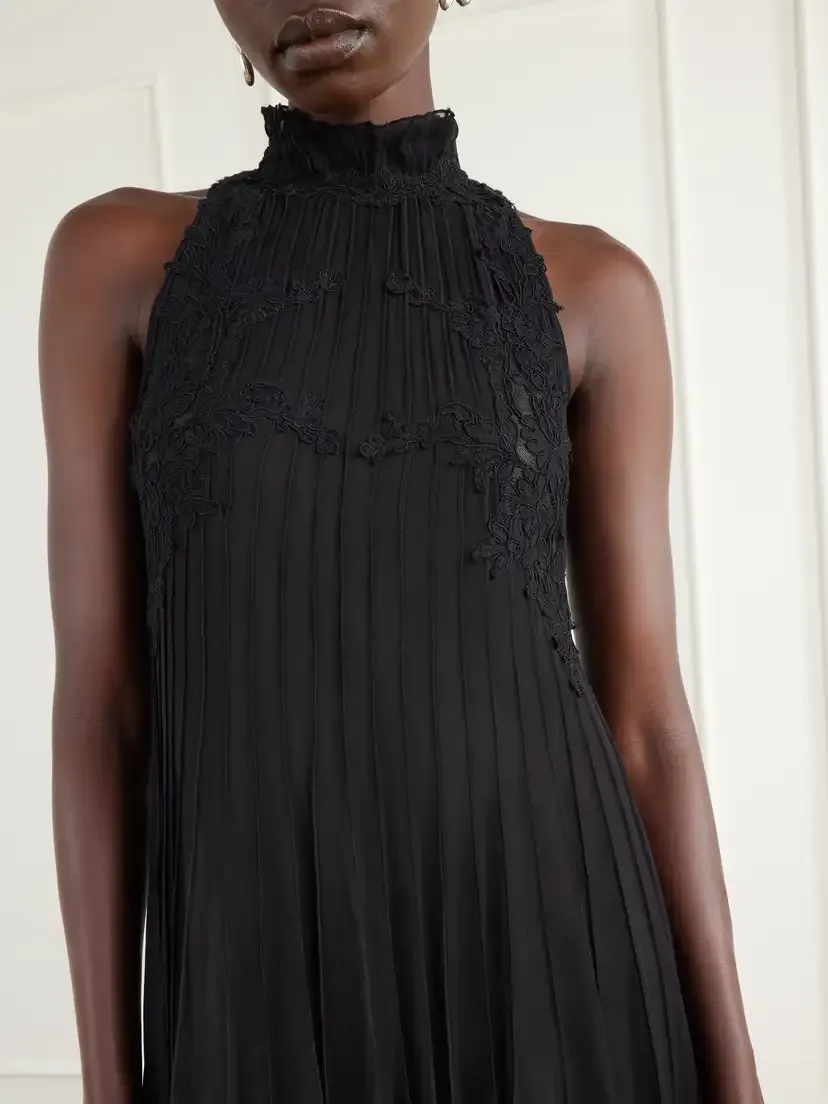Costarellos Virana Pleated Lace-trimmed Silk-blend Georgette Gown | Thumbnail 4