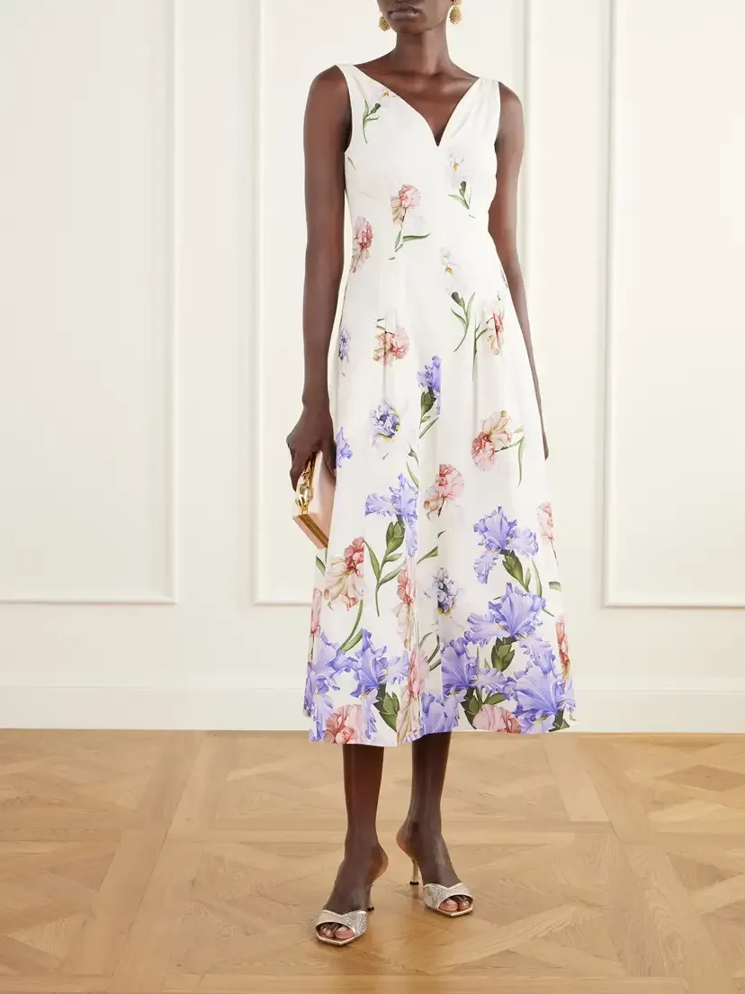 Oscar de la Renta Pleated Floral-print Stretch Cotton-blend Poplin Midi Dress | Thumbnail 2
