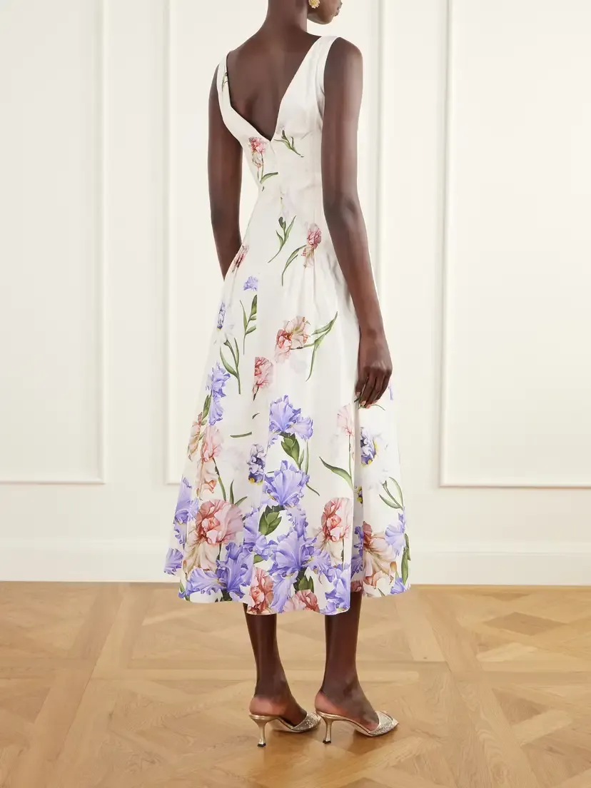 Oscar de la Renta Pleated Floral-print Stretch Cotton-blend Poplin Midi Dress | Thumbnail 3