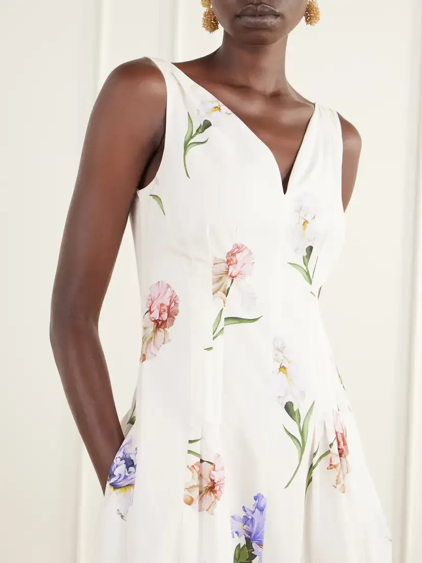 Oscar de la Renta Pleated Floral-print Stretch Cotton-blend Poplin Midi Dress | Thumbnail 4