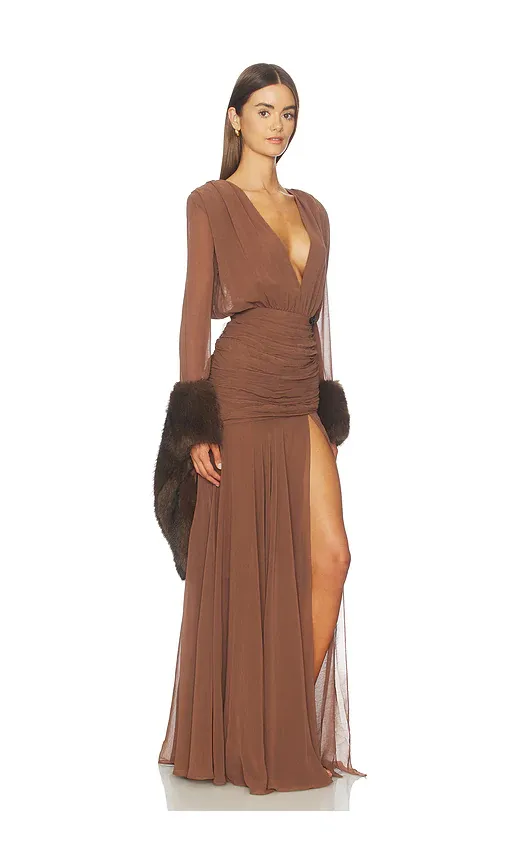 Bronx and Banco Chiffon & Faux Fur Long Sleeve V-Neck Gown | Thumbnail 2 Bronx and Banco Chiffon & Faux Fur Long Sleeve V-Neck Gown | Thumbnail 2