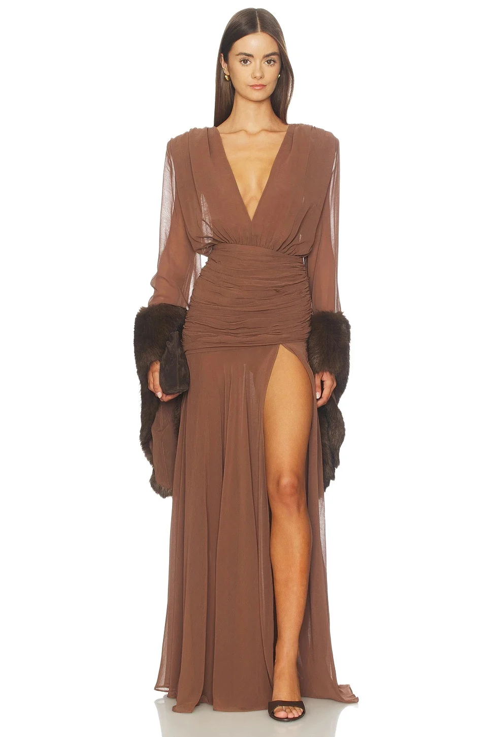 Bronx and Banco Chiffon & Faux Fur Long Sleeve V-Neck Gown