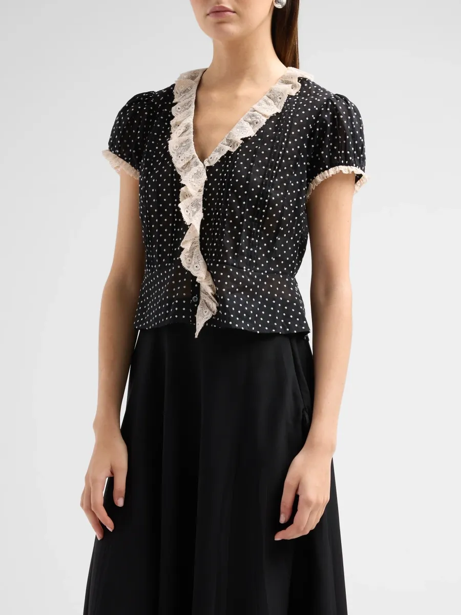 DÔEN Women's Orella Polka Dot Ruffled Lace-Trimmed Top | Thumbnail 4