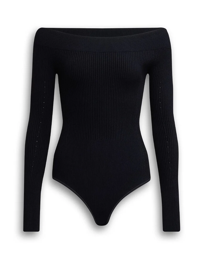 Alaïa Sculpting Rib Knit Off-shoulder Bodysuit