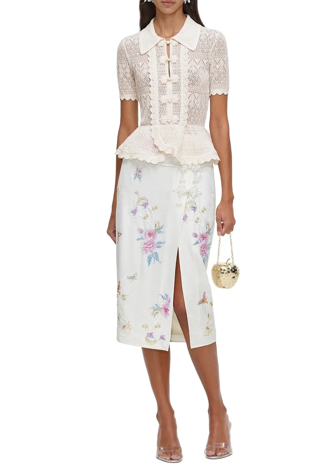 Self-Portrait Pointelle Wrap Peplum Top