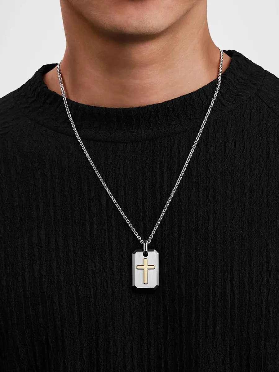 Gabriel & Co Men's Geo Sterling Silver & 14K Yellow Gold Cross Dog Tag Pendant Necklace | Thumbnail 2