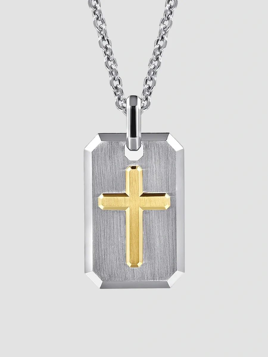 Gabriel & Co Men's Geo Sterling Silver & 14K Yellow Gold Cross Dog Tag Pendant Necklace | Thumbnail 3