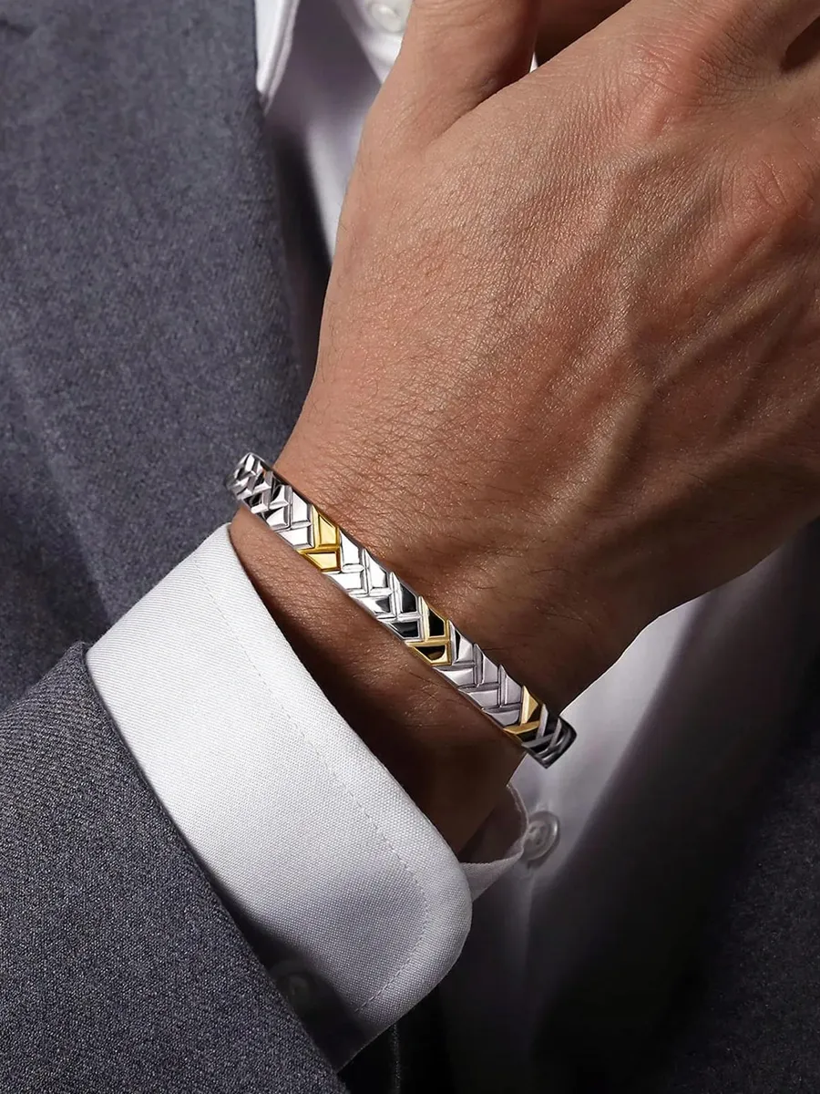 Gabriel & Co Men's Heritage Weave Sterling Silver & 14K Yellow Gold Herringbone Cuff | Thumbnail 2 Gabriel & Co Men's Heritage Weave Sterling Silver & 14K Yellow Gold Herringbone Cuff | Thumbnail 2