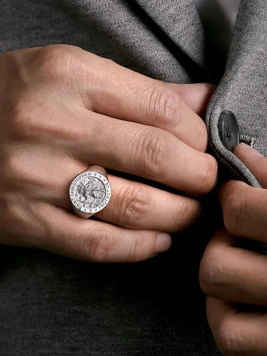 Gabriel & Co Men's Modern Relics Sterling Silver Saint Christopher Signet Ring | Thumbnail 2