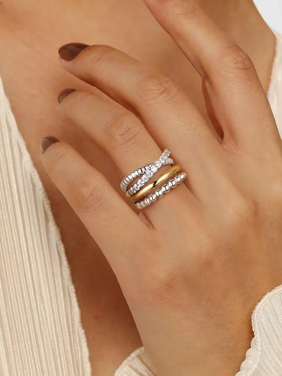 Gabriel & Co Women's Sterling Silver, 14K Yellow Gold & White Sapphire Multi-Band Ring | Thumbnail 2 Gabriel & Co Women's Sterling Silver, 14K Yellow Gold & White Sapphire Multi-Band Ring | Thumbnail 2