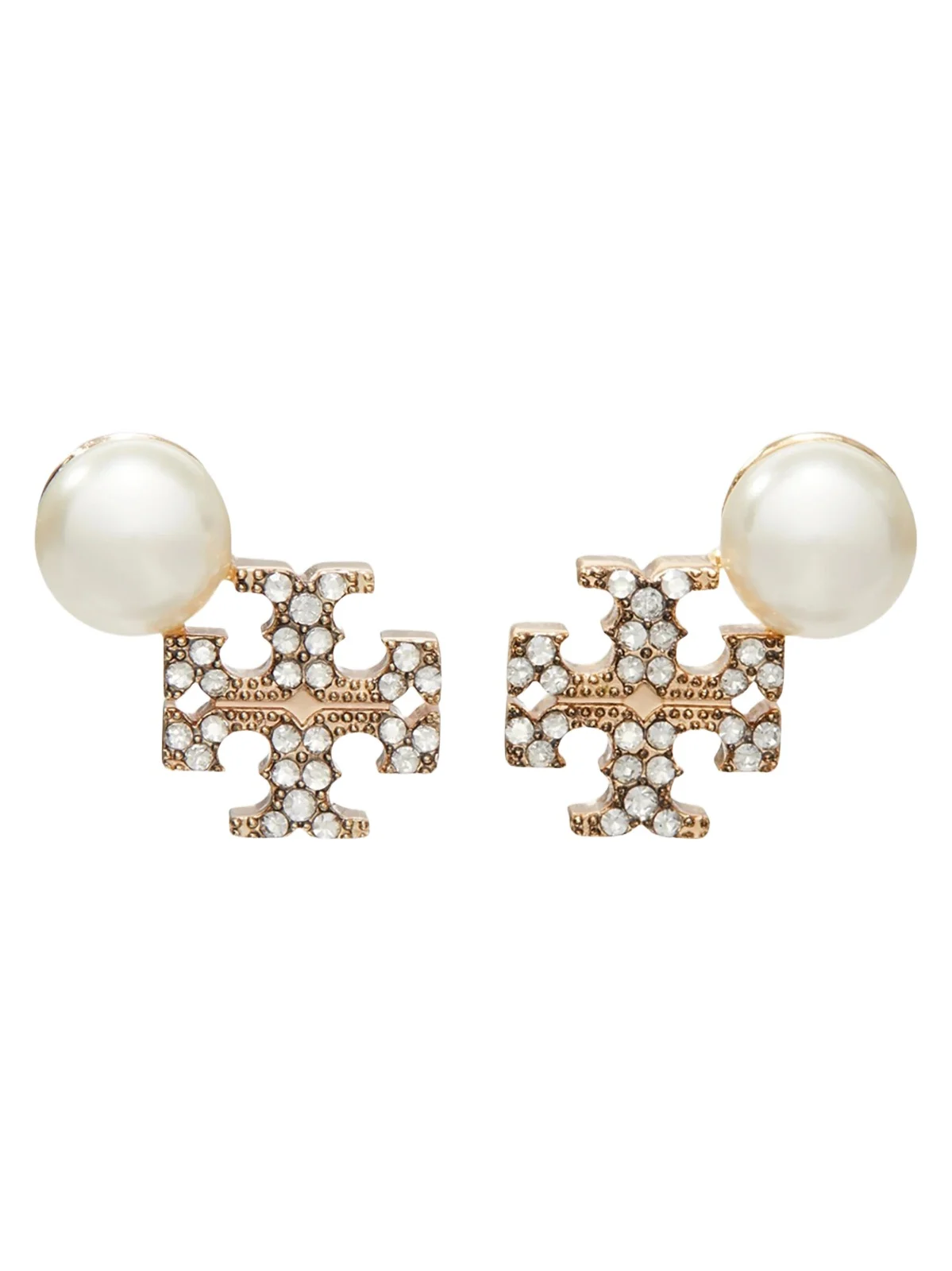 Tory Burch Women's Moondance 18K-Gold-Plated, Glass Crystal & Imitation Pearl Logo Stud Earrings