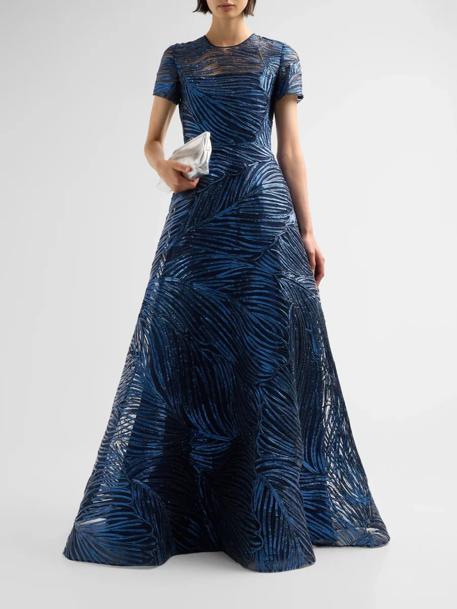 Naeem Khan Women's Metallic Raffia Short-Sleeve Illusion Gown | Thumbnail 2