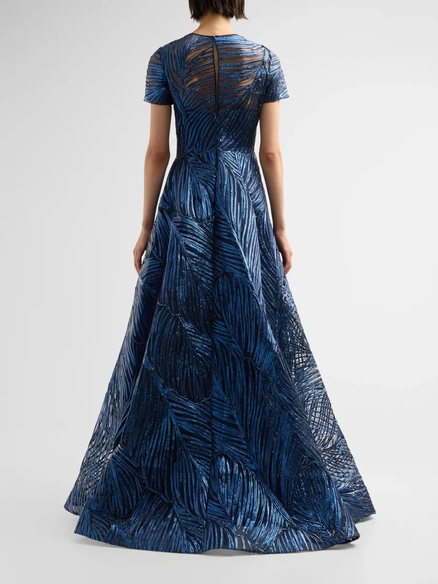 Naeem Khan Women's Metallic Raffia Short-Sleeve Illusion Gown | Thumbnail 3
