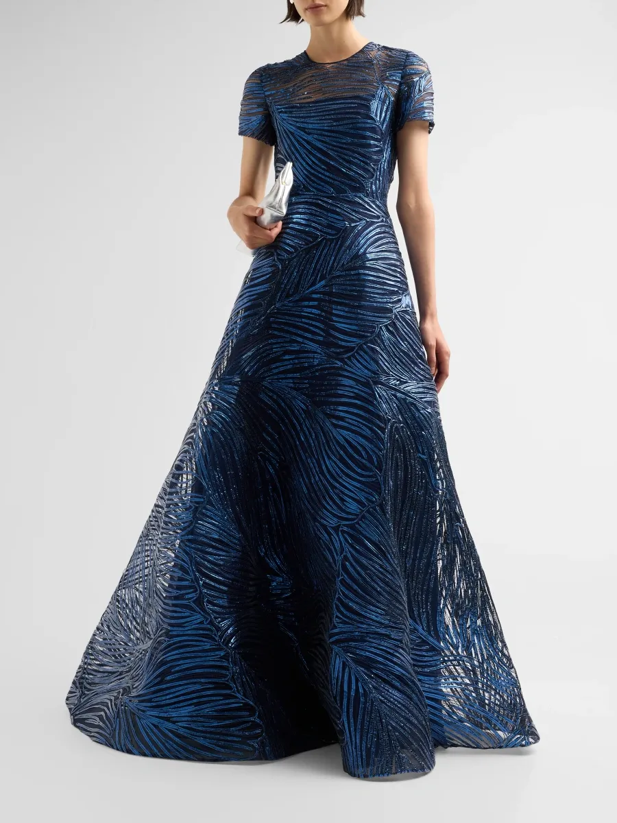 Naeem Khan Women's Metallic Raffia Short-Sleeve Illusion Gown | Thumbnail 4