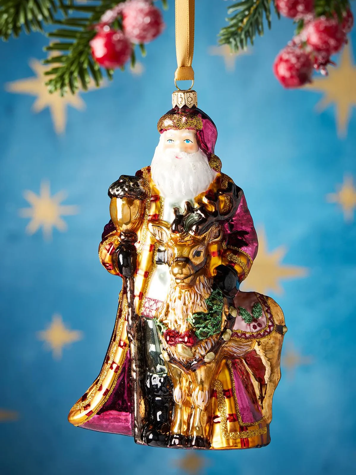 Santa With Deer Glass Ornament