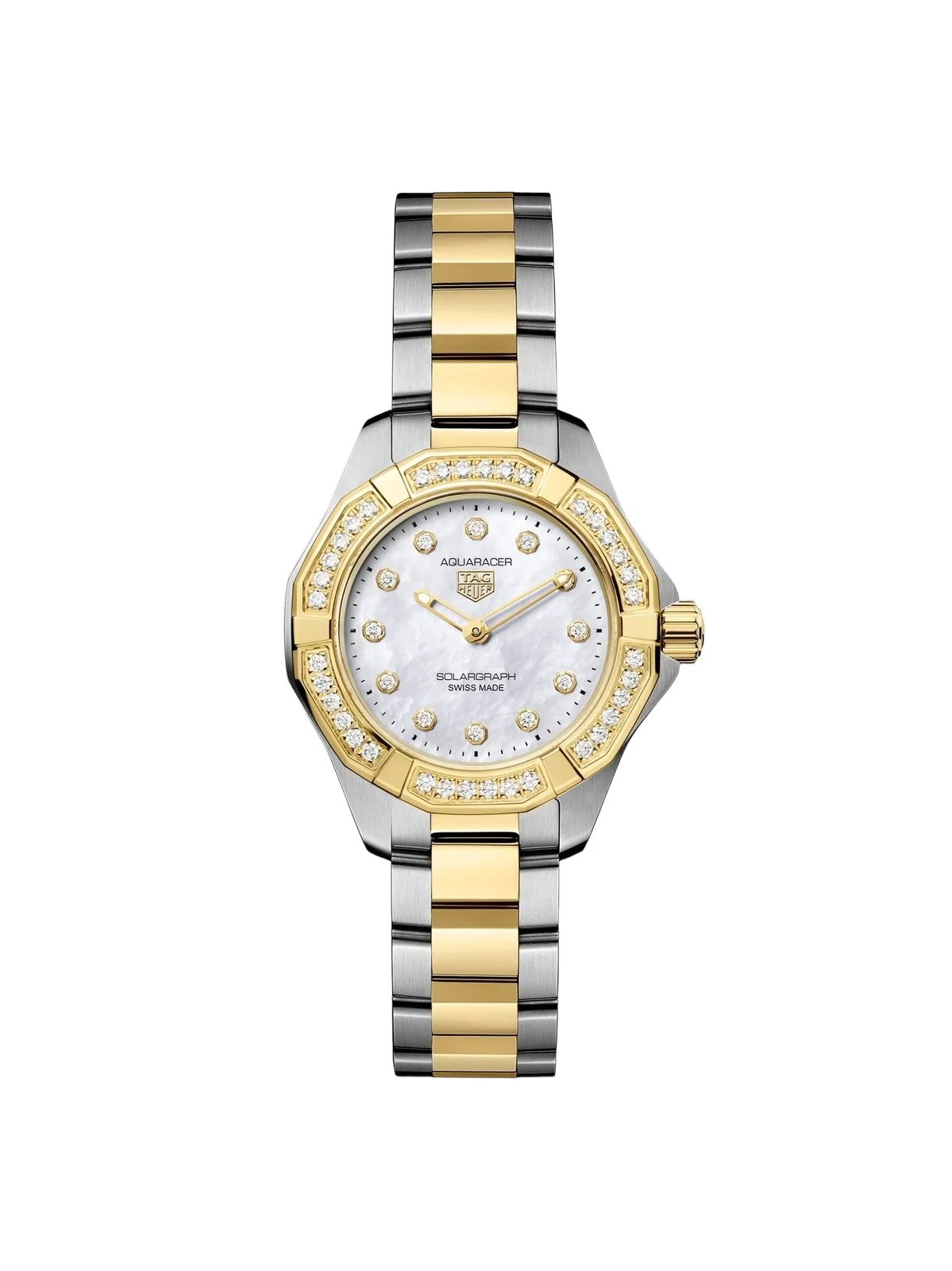 TAG Heuer Women's Aquaracer Professional 100 Solargraph Stainless Steel, 18K-Gold-Plated, 0.37 TCW Diamond, & Mother-Of-Pearl Bracelet Watch/28MM
