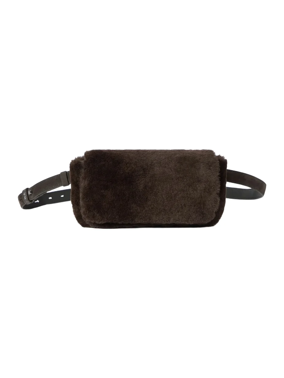 Brunello Cucinelli Women's Explorer Small Belted Bag in Shearling with Precious Chain - Brown