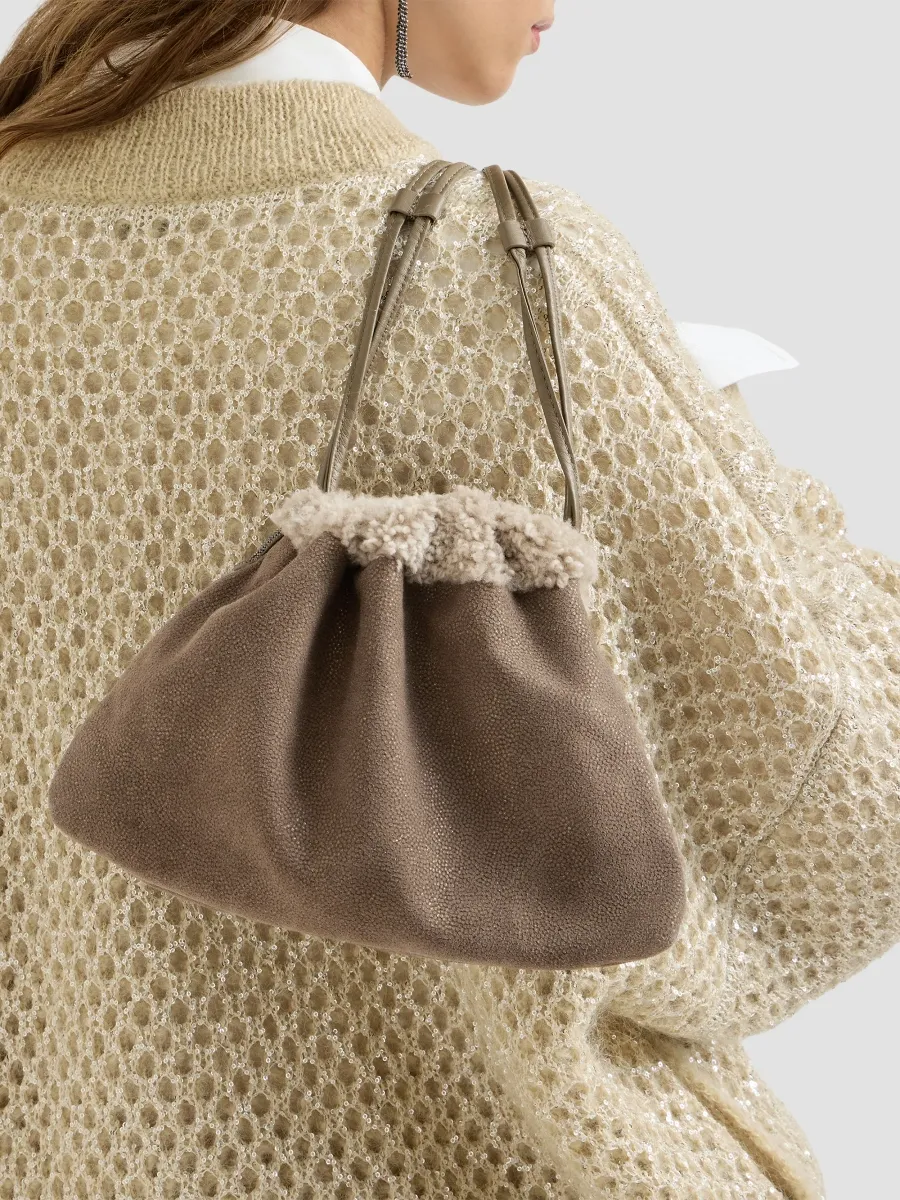 Brunello Cucinelli Women's Pouch Bag in Sparkling Textured Leather with Shearling Lining - Bark | Thumbnail 2 Brunello Cucinelli Women's Pouch Bag in Sparkling Textured Leather with Shearling Lining - Bark | Thumbnail 2