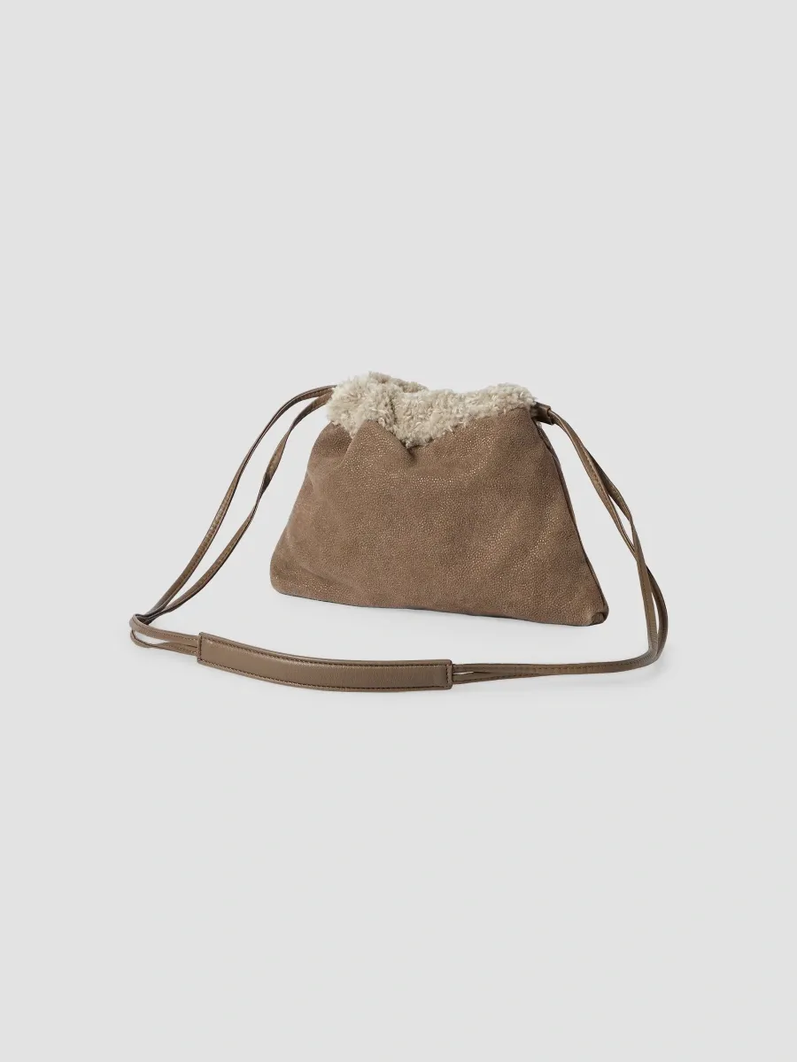 Brunello Cucinelli Women's Pouch Bag in Sparkling Textured Leather with Shearling Lining - Bark | Thumbnail 3 Brunello Cucinelli Women's Pouch Bag in Sparkling Textured Leather with Shearling Lining - Bark | Thumbnail 3