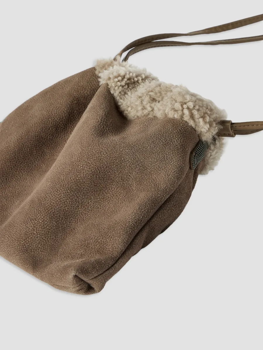 Brunello Cucinelli Women's Pouch Bag in Sparkling Textured Leather with Shearling Lining - Bark | Thumbnail 4 Brunello Cucinelli Women's Pouch Bag in Sparkling Textured Leather with Shearling Lining - Bark | Thumbnail 4