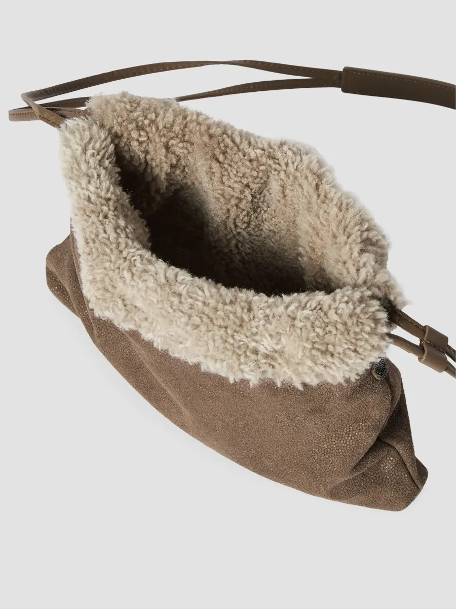 Brunello Cucinelli Women's Pouch Bag in Sparkling Textured Leather with Shearling Lining - Bark | Thumbnail 5 Brunello Cucinelli Women's Pouch Bag in Sparkling Textured Leather with Shearling Lining - Bark | Thumbnail 5