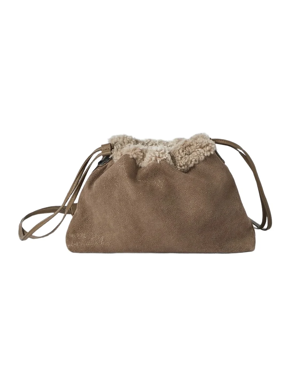 Brunello Cucinelli Women's Pouch Bag in Sparkling Textured Leather with Shearling Lining - Bark