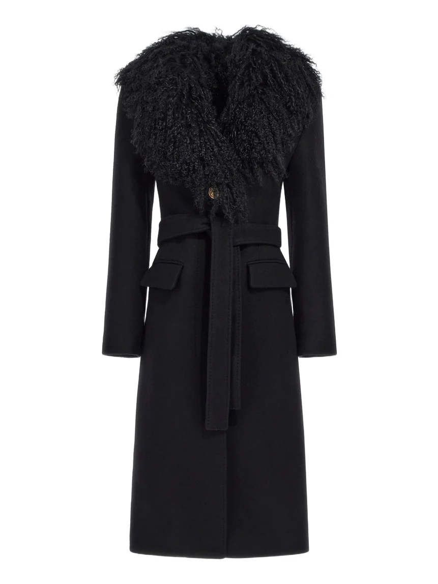 Black Virgin Wool Coat With Fur Collar Black Virgin Wool Coat With Fur Collar