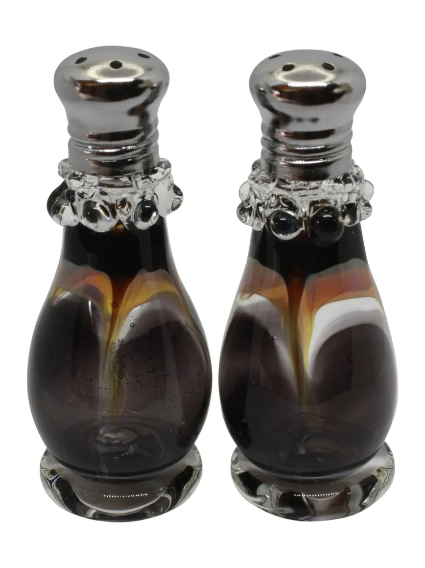 Glass Act Feather Black/Amber Salt and Pepper Shakers