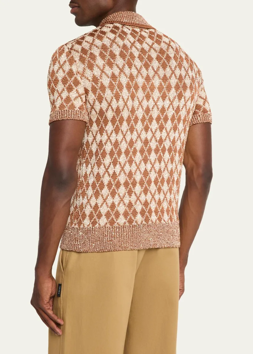 AMIRI Men's Argyle Short-Sleeve Polo Sweater | Thumbnail 3 AMIRI Men's Argyle Short-Sleeve Polo Sweater | Thumbnail 3