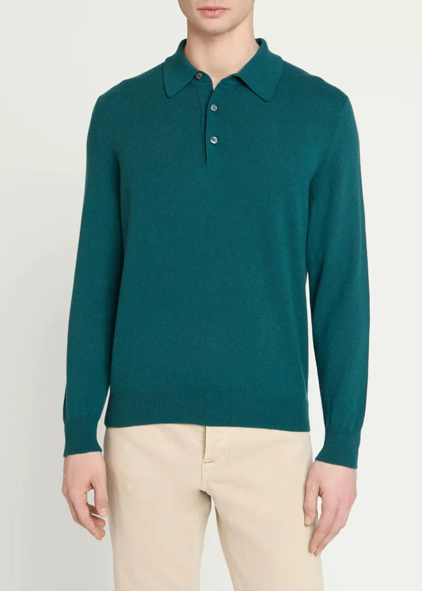 Kiton Men's Cashmere Long-Sleeve Knit Polo Shirt | Thumbnail 4 Kiton Men's Cashmere Long-Sleeve Knit Polo Shirt | Thumbnail 4