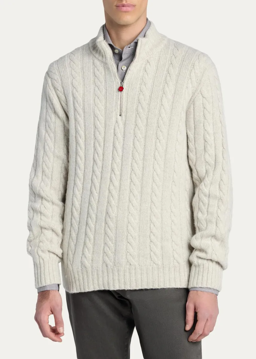 Kiton Men's Cashmere Cable Knit Half-Zip Sweater | Thumbnail 4 Kiton Men's Cashmere Cable Knit Half-Zip Sweater | Thumbnail 4
