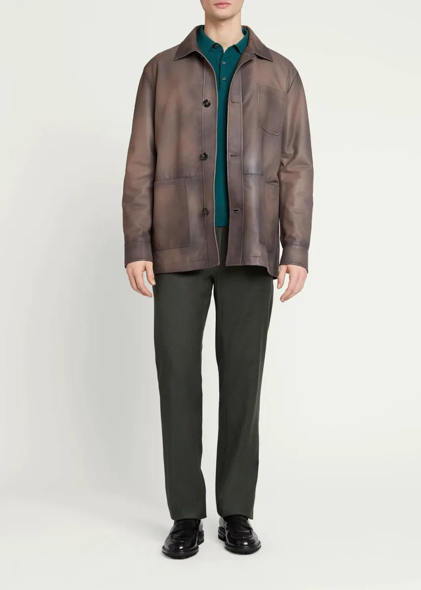 Kiton Men's Burnished Leather Chore Shirt Jacket | Thumbnail 2