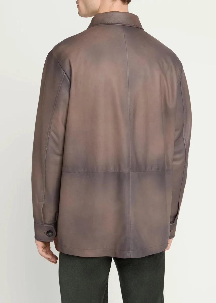 Kiton Men's Burnished Leather Chore Shirt Jacket | Thumbnail 3