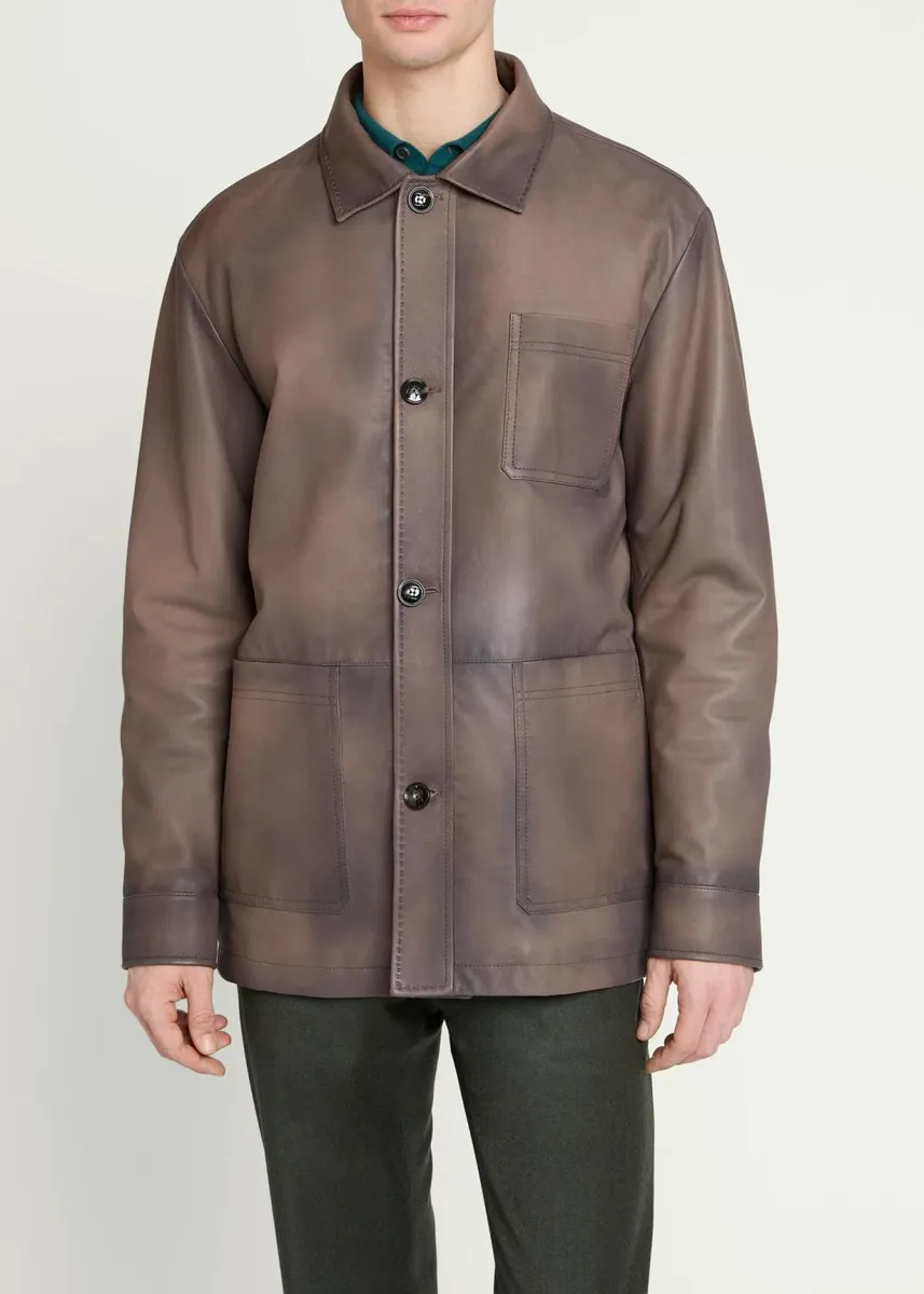 Kiton Men's Burnished Leather Chore Shirt Jacket | Thumbnail 4