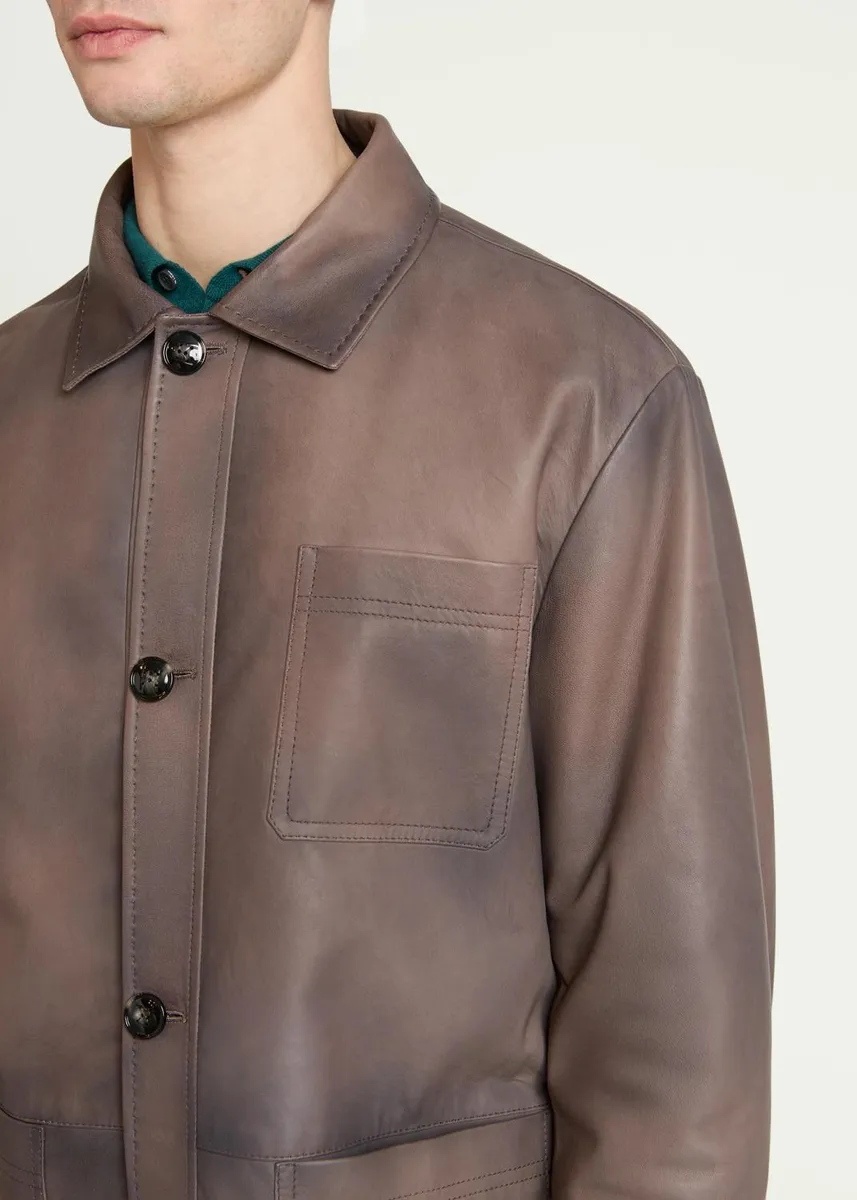 Kiton Men's Burnished Leather Chore Shirt Jacket | Thumbnail 5